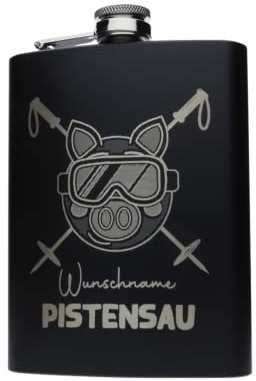 FORYOU24 Edelstahl Flachmann Pistensau mit persönlicher Namens Gravur | Geschenk Wandern Klettern Bergsteiger Ski Fahrer Urlaub