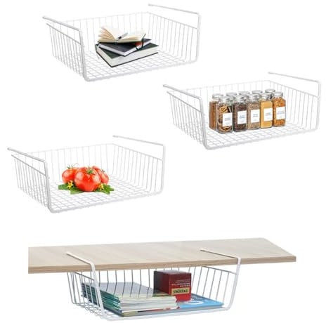 Sotto Scaffale Cestino Di Immagazzinaggio WEERSTONE Sotto Scaffale Appeso Filo di Metallo Organizzatore Cesto di Immagazzinaggio Rimovibile per Cucina, Armadi, Bagno, Ufficio (4 Pack Bianco)