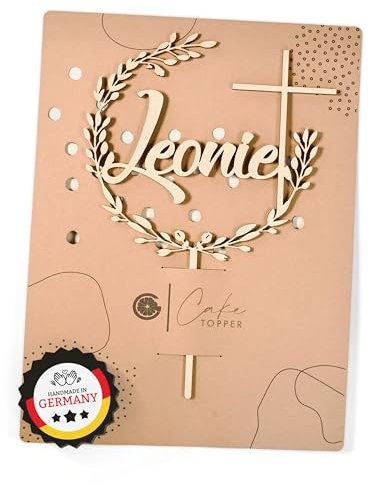 Grapefruit® personalisierter Cake Topper Kommunion Konfirmation Taufe aus Holz mit individuellen Wunschnamen – Name, Geschenkidee, Vorname, Kuchendeko, Topper Kuchen, individuell (Zweig/Kreuz)