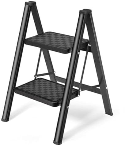 HBTower Scala 2 Gradini, Leggera e Compatta, Sgabello Pieghevole con Pedali Antiscivolo, Telaio in Acciaio Robusto, Portata 150 kg, Facile da Trasportare per Uso Domestico e in Cucina