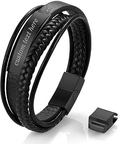 Cupimatch Personalisiertes Armband mit Gravur für Männer Vintage Herren Armband Mehrschichtige Geflochtene Lederschnur Edelstahl Herrenarmband Gravierbar Länge 21 cm
