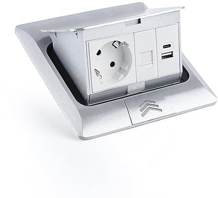Bodeneinbausteckdose ELBE Inno, 1 Einbaustecker, 1 USB-A, 1 USB-C, 1 CAT6 RJ45, silbernes Aluminium-Finish, Deckel mit Soft-Pop-up-Funktion, IP42 wasser- und staubdicht
