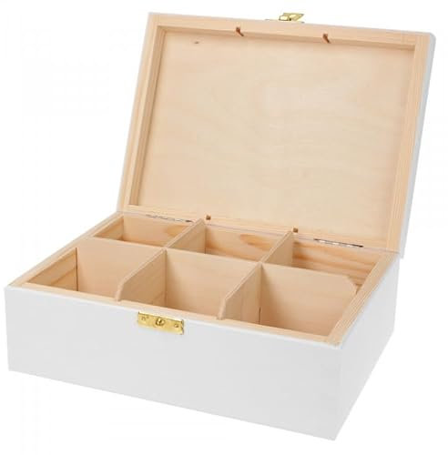 Wooden World Organizador de caja de té de madera para 6 tipos de sabores de té con divisores - Blanco