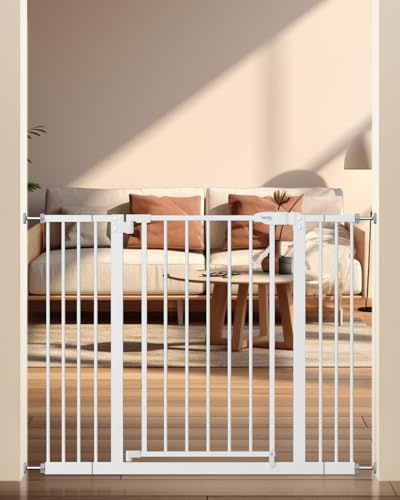 keny 29-42.5 Baby Gate for Stairs, Auto Close Safety Dog Gate, Pressure Mounted Easy Walk Through Pet Gate for Doorways, Durable Stair Gate, 30 Tall, White