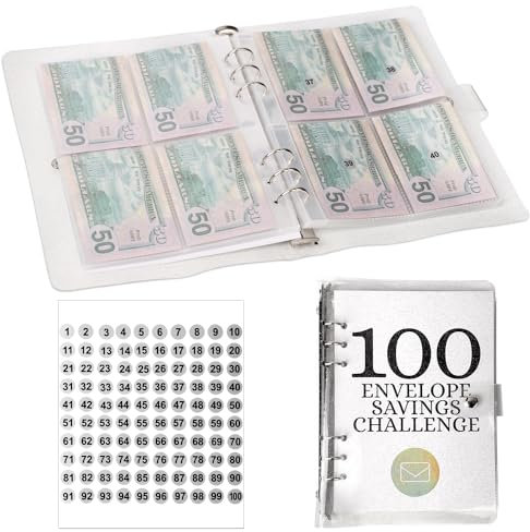 100 Umschlag-Challenge-Ordner, Spar Challenge Ordner Budgetplanung 100-Tage-Spar-Challenge-Buch mit Umschlägen Nummernaufklebern für den Budgetplaner und Zum Geldsparen