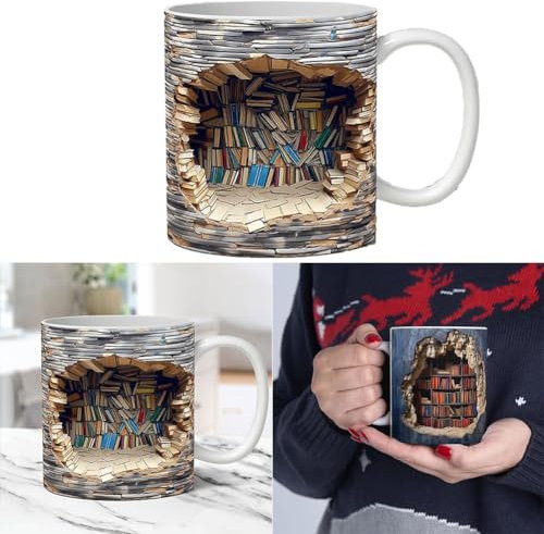 AVCULT 3D Bookshelf Mug, Book Lovers Coffee Mug, 3D Bookshelves Hole in A Wall Mug,Creative Space Design Multi-Purpose Ceramic Mug, A Library Shelf Cup,Cool Gifts for Readers 3D Mug (Color : C)