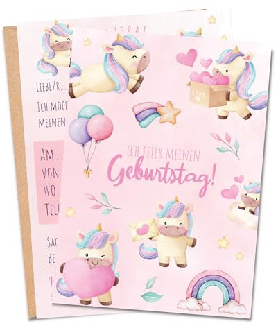 MeinBaby123® 10 Einladungskarten Kindergeburtstag Mädchen | süße Geburtstagseinladungen für Kinder | Einhorn Einladungskarten | inkl. 10 Briefumschläge | Premium Qualität (Einhorn V5)