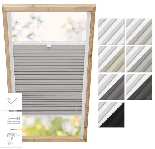 Estika Dachfenster Verdunkelung, Thermo Plisseerollo mit Bohren für Fakro Fenster - Modell: 94/118 - Stofffarbe: Blackout Hellgrau-Weiß - Dachfenster Rollo, Fensterrollo innen, Fenster plissee