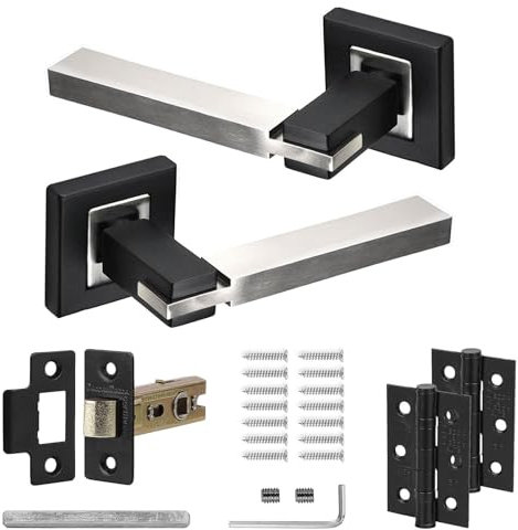 Decoranddecor Duo Colour Door Handles Internal – Aluminium Silver and Black Door Handle Sets for Interior Doors | Internal Door Handles with Mortice Latch and Butt Hinge | Nexus Range