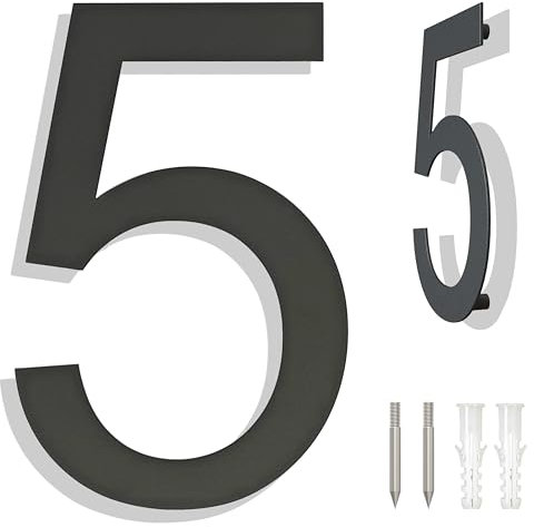 Ywonoby Large Brushed Stainless Steel House Numbers - Modern Floating Black Grey Door Numbers - 8 Inch (203mm) Height Arial Number 5 Address Plaque