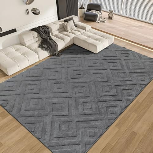 SHACOS Waschbarer Teppich Wohnzimmer Kurzflor 160x230 cm Weicher Teppich Modern Grau Wohnzimmerteppich mit Hoch-Tief-Effekt 3D Effekt rutschfeste Teppiche für Schlafzimmer, Esszimmer, Kinderzimmer