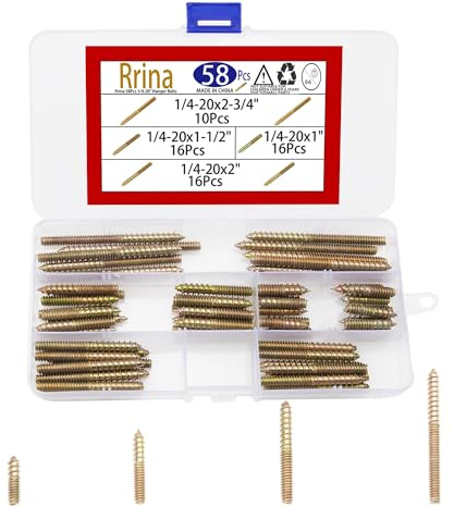 Rrina 58Pcs 1/4-20 Hanger Bolts Studs Dowel Screw Double Ended Self-Tapping Threaded Assortment Set for Wood Joint Furniture Legs