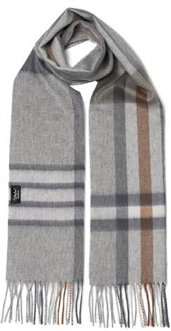 MayTree Kaschmir-Schal für Damen und Herren - Weicher Wollschal aus 100% Kaschmir, kariert, 180 x 30 cm - Luxuriöser Winter-Schal - Tartan grau weiss braun