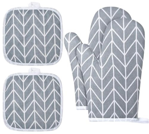 SULIUDAJI Gants de Four, 1 Paire Gants de Cuisine Coton avec 2 Maniques Cuisine, Lavable Gant Cuisine Four, Gants de Cuisine Antidérapants, Gant Cuisine Anti Chaleur pour Barbecue, Cuisson