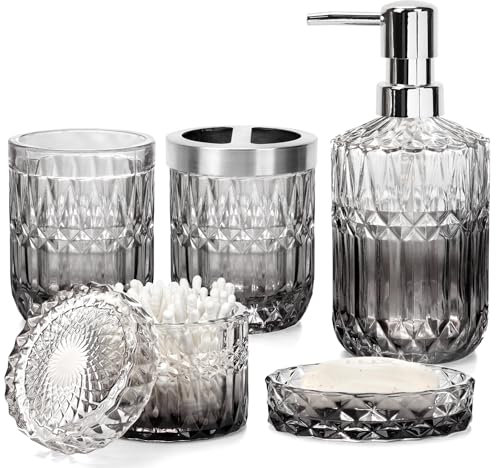 Ulable Bathroom Accessories Set, 5Pcs Bathroom Soap Dispenser Set, Glass Bathroom Accessories with Glass Soap Dispenser, Soap Dish, Toothbrush Holder, Tumbler, Cotton Swab Jar (Gradient Clear & Black)