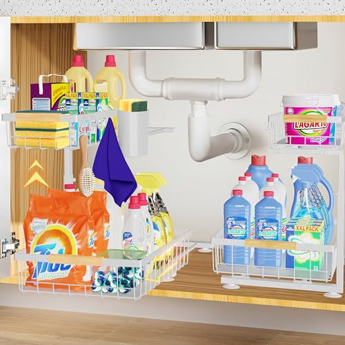 homicozy 2 Pack Kitchen Organiser, 2 Tier Metal Pull Out Under Sink Storage with 8 Hooks & 2 Cups, Height Adjustable Cabinet Undersink Organiser, Slide Out Under Sink Shelf for Bathroom(White)