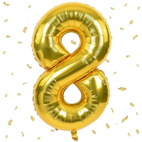 UDRKFOPK Zahlen Luftballon Golden,Golden Luftballon 8, 40 Zoll Golden Folienballon 8,101cm Golden Zahlenballon 8 Helium Ballon Luftballon 8 Geburtstag für 8 Jahre Geburtstagsdeko Kinder Mädchen Junge