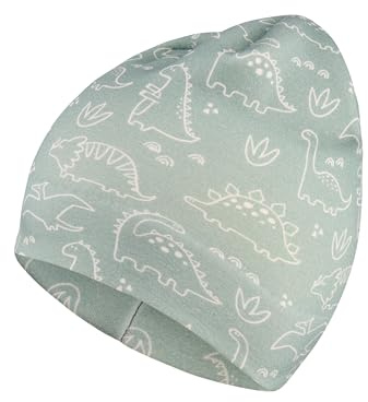 Sterntaler Beanie aus Sweat mit Flauschiger Rückseite und Saurier-Print – Jungen – weich und pflegeleicht – Mütze für Baby und Kinder, steingrün, Größe 49
