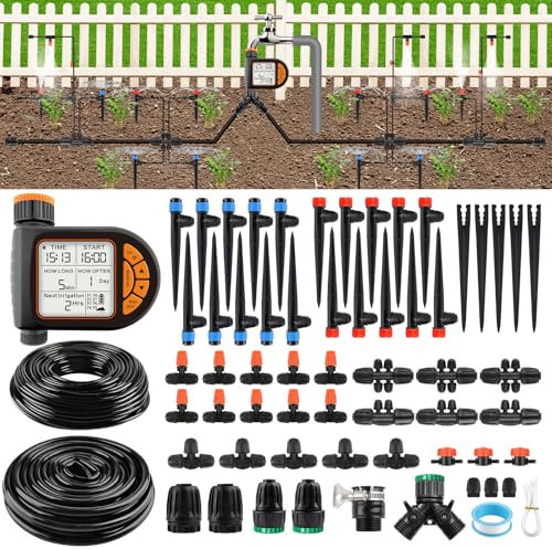 207 piedi Kit Irrigazione a Goccia Automatica con Timer l'Acqua, Kalolary Sistema Irrigazione Giardino Regolabile 1/4 1/2 con Tubi 4/7 16 mm Sistema Irrigazione Automatica Micro Goccia Prati Cortili