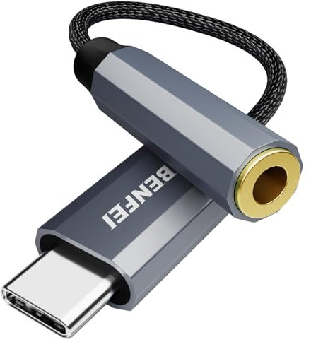 BENFEI Adaptador USB C a Audio Jack con chipset DAC, USB-C a Auriculares Hembra de 3,5 mm Compatible con iPhone 16/15 Pro Max/15 Pro/15, Samsung Galaxy S24/S23/S22/S21 Ultra, iPad Pro, Pixel 8 Gris