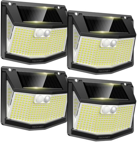 TECKNET Solar Lights Outdoor Garden, 248 LED Motion Sensor Lights, 3 Lighting Modes Outdoor Wall Lights, 300° Wide Angle, IP66 Waterproof, Solar Wall Lights for Yard Garage Garden Fence Door (4 Pack)