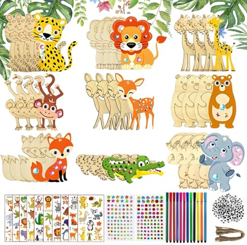 LUKIUP Holztiere Bastelset (27 Stück, 9 Designs) mit 30 Wackelaugen, 12 Aquarellstiften & 2 Stickern – DIY Geschenk für Kindergeburtstag Kreatives Geschenk für Kindergeburtstag