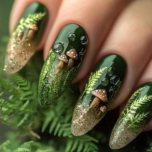 Auiremrti 24 Piece Green Glitter Press-On Nails, Medium Almond Shape, Artificial Nails with Mushroom and Leaf Design, Gradient, Full Coverage