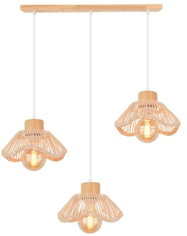 LIGINOK Lustre en Bambou Naturel 3 Lumières Suspension Rétro E27 Abat-jour en Bois et Rotin Luminaire Plafonnier Forme de Fleur Suspendu pour Salle à Manger Cuisine Salon(Bande)