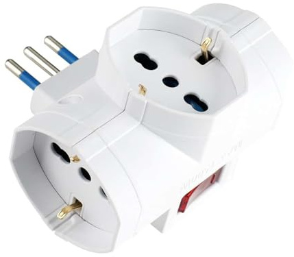 Adaptador triple toma 10 A/16 A máx. 1500 W con interruptor rojo y enchufe italiano tipo L, 3 tomas universales compatibles con Schuko | Enchufe múltiple seguro para casa y oficina, color blanco