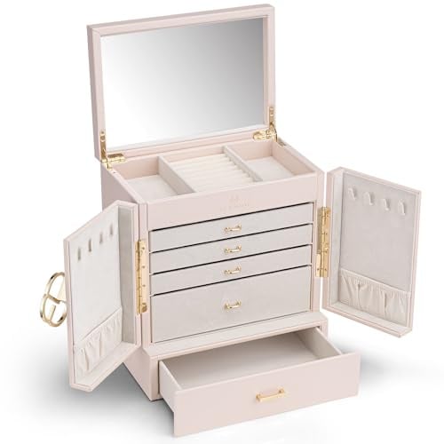 VLANDO Schmuckkästchen Groß mit Spiegel, Schmuckaufbewahrung mit 6 Ebenen | Schmuck Organizer für Halsketten, Ohrringe, Uhren, Armbänder，Wohndekoration, Geschenk für Damen,Rosa