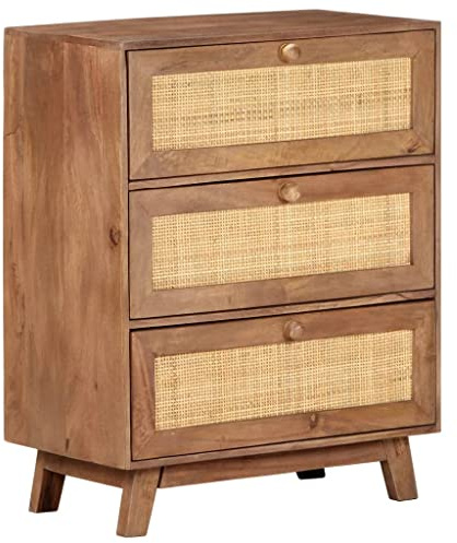 QJBSAVVA Solid Mango Wood Sideboard Cabinet 61x35x76 cm Rustic Brown Wheat Finish 3 Drawers Dining Kitchen Living Room Storage Unit with Natural Cane Accents