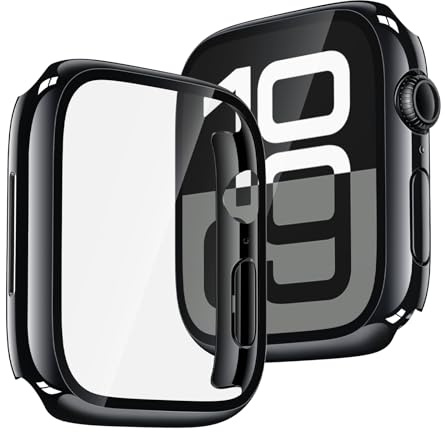 Recata Schutzhülle mit Displayschutz für 45mm Apple Watch Series 9/8/7 | 2 Stück Harte Hülle mit Gehärtetem Displayschutzglas für S9/S8/S7, Ultradünn Kratzfest Case, 1 Diamantschwarz + 1 Transparent
