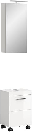 xonox.home – Badkombination inkl. Beleuchtung Nova 40x191x30 cm in weiß Hochglanz – 2-teiliges Set mit Roll-Unterschrank & beleuchtetem Spiegel – Modernes Design für perfekte Lichtverhältnisse im Bad