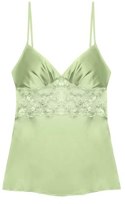 YAMAMAY - Canotta Spalline Fini in Raso con Ricami in Pizzo, Verde Chiaro, Linea Primula Color, Donna