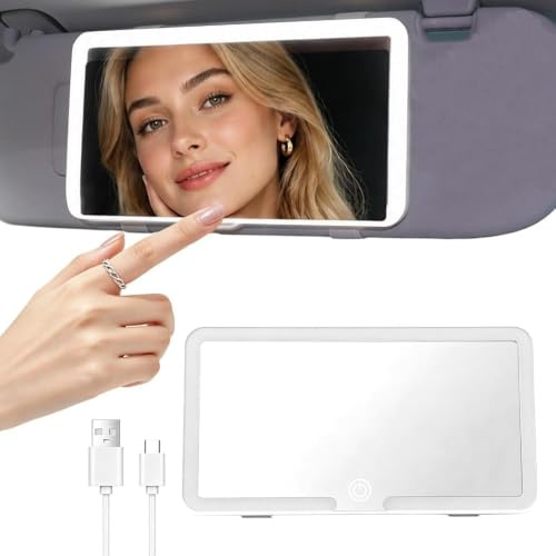 Espejo Coche LED Recargable Espejo Maquillaje USB con Luz Táctil | 3 Modos de iluminación regulable, Espejo para parasol con banda elástica diseño universal para maquillaje y viajes diarios