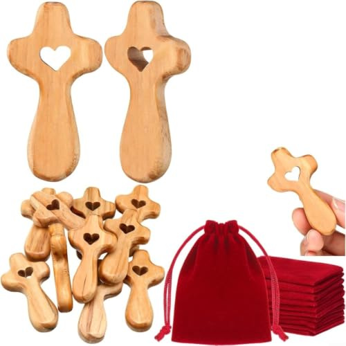 LatoYard Juego de 10 cruces de bolsillo de madera de olivo tallada a mano en forma de corazón, incluye bolsas de terciopelo para regalos de bautismo y comunión