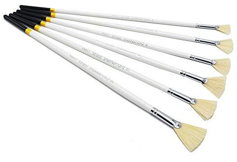 Lot de 6 pinceaux en forme d'éventail en poils de cochon - Blanc - À suspendre - Queue dorée - Manche en bois - Pour peinture à l'huile et aquarelle