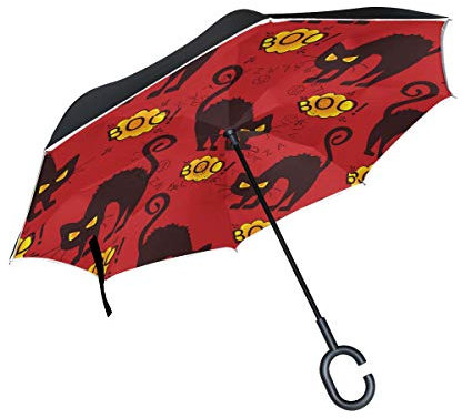 Wamika Regenschirm mit schwarzem Katzen-Muster, doppelschichtig, rot-gelb, Tier-Regenschirm, Winddicht, UV-Schutz, Nicht automatisch, groß, gerade, Kopf, C-förmiger Griff für Auto Regen