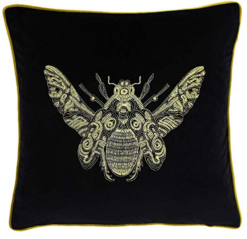Riva Paoletti Cerana Cushion Cover - Super Soft Velvet Fabric - Embroidered Gold Bee Design - Gold Piped Edges - 100% Polyester - Black - 50 X 50cm (20 X 20 Inches)