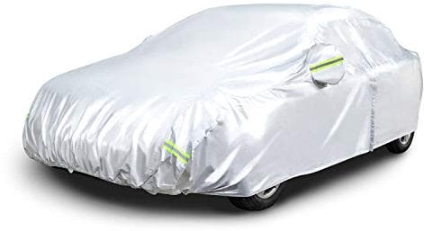 Amazon Basics Bâche automobile argentée résistante aux intempéries, tissu Oxford 150 D, berlines jusqu’à 483 cm