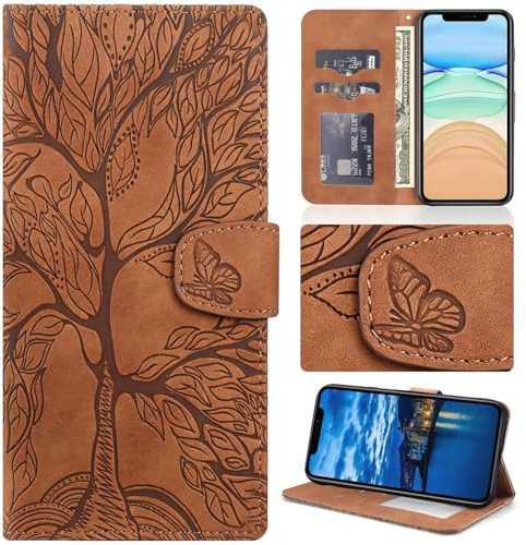 Aisenth Leather Flip Wallet Case for Samsung Galaxy A20e With Card Holder | Tree of Life Embossed,Magnetic,PU Leather+TPU inner case,Kickstand,2 Card Slots+Cash Pocket+Wrist Strap,Protective,Brown