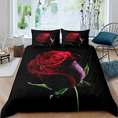 Loussiesd 3D Red Rose Duvet Cover Women Rose Floral Print Bedding Set Romantic Flowers Pattern Comforter Cover for Girls Adults Bedroom Decor Botanical Branches Bedspread Double With 2 Pillow Case