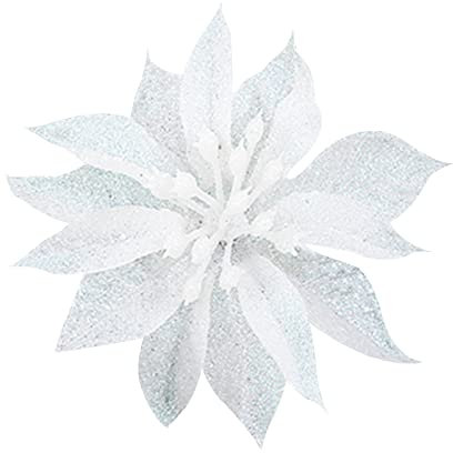 Yueshop 10 Pcs Glitter Christmas Flowers with Artificial Poinsettia Flower Christmas Tree Flower Decorations Xmas Tree Ornaments (White, 9CM)