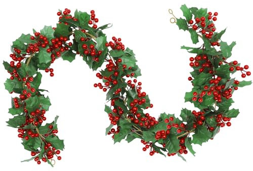 SHACOS 2 Piezas de Guirnalda de Navidad de Bayas Rojas Artificiales con Hojas Verdes 170cm Guirnalda Navideña de Frutos Rojos Guirnalda Navidad Escalera para Decoración de Invierno