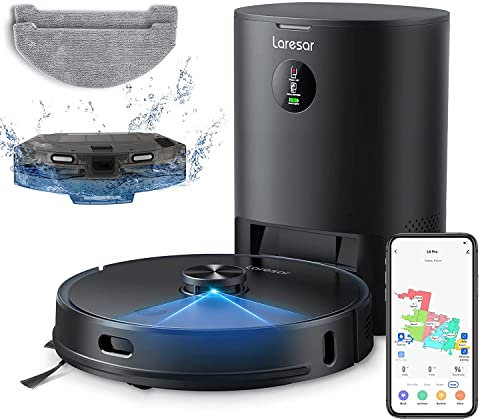 Laresar Robot Aspirador y fregasuelos, 3500Pa, con estación de Vaciado automático de 3,5L, detección Lídar, aplicación/Control de Voz, para múltiples Pisos/Pelo de Mascotas(L6 Pro)