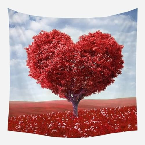 EHOMERY Wandbehang Mit Motiv Strandtuch Rot Liebe Herzbaum Wandbehang Außen Wanddekoration XXL Wandbehang Deko Wandschmuck Groß Schlafzimmer Wohnzimmer Wanddekoration 130X150Cm