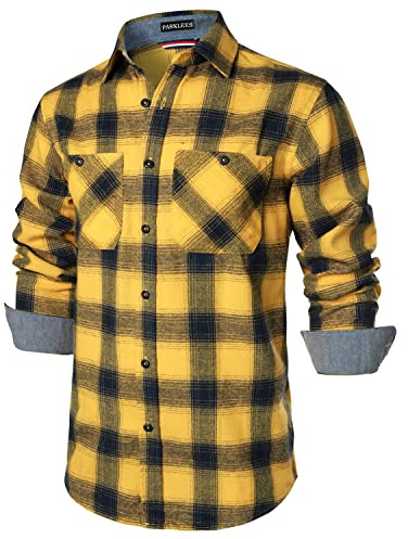 PARKLEES Chemises en polaire à carreaux classiques et élégantes pour hommes, coupe regular, décontractées, manches longues, boutonnées, avec poche, jaune, L