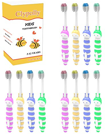 Clypolly Kids Bee Toothbrush, Soft Bristle Individually Wrapped Toothbrushes, Child Sized Brush Head, for Toddlers Girls and Boys 3-12 Years Pack of 12