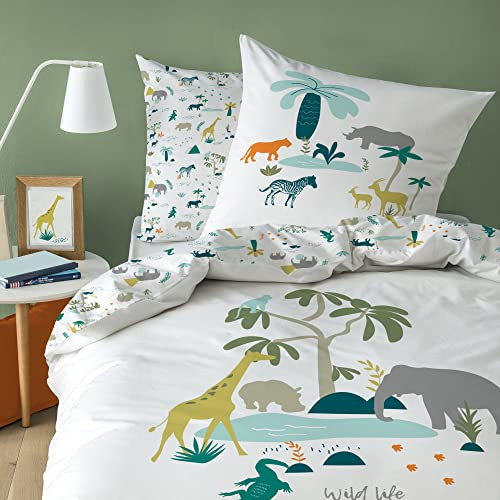 Tiere Biber Bettwäsche 135x200 kuschelig & warm · Safari Dschungel Kinder-Bettwäsche für Mädchen und Jungen · Kissenbezug 80x80 + Bettbezug 135x200 cm - 100% Baumwolle · Winter-Bettwäsche