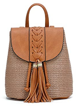 NICOLE & DORIS Damen Kleine Rucksack Stroh Rucksack Sommer Strandtasche Mode Rucksäcke Kordelzug Schultertasche Casual Daypack Reiserucksack Tagesrucksack mit Quasten Grau